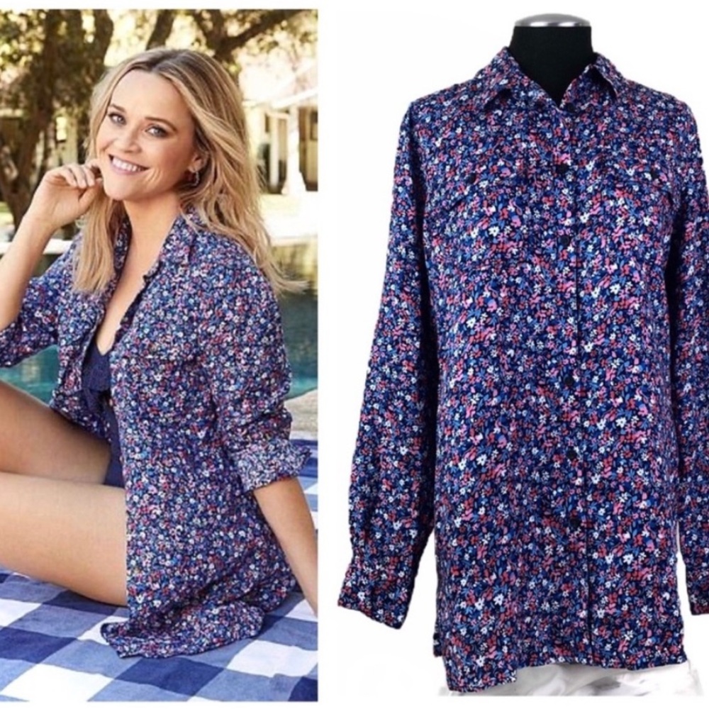 Draper James Lands End Navy Blue Floral Button-Up Linen Shirt Lg